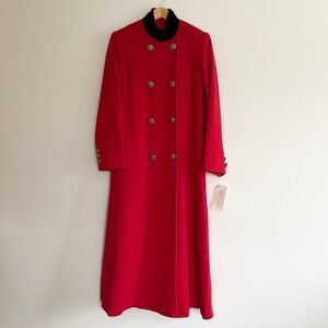 Vintage Oleg Cassini red wool black faux fur long military princess maxi coat 10
